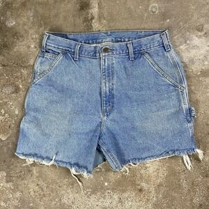 VTG Carhartt Jean Carpenter Shorts Size 34 Blue Denim Medium Wash Cutoff Work